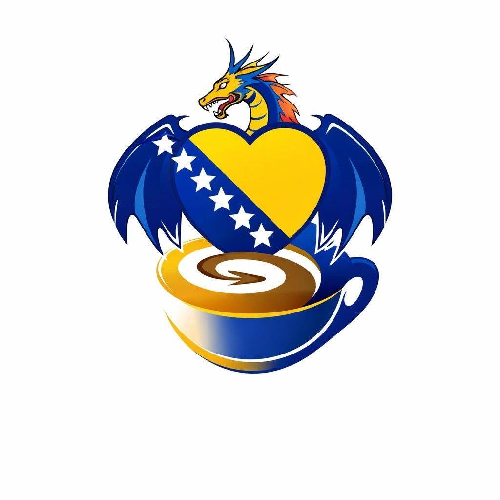 Logo Zmajevo srce – zmaj u srcu sa zastavom BiH iznad šolje kafe